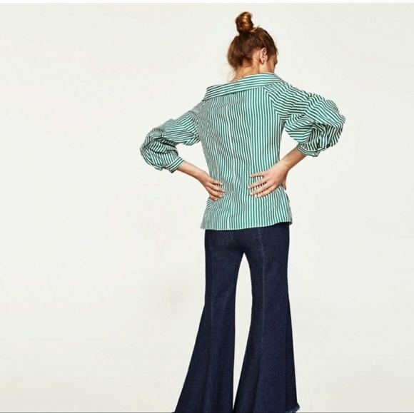 NWT Zara Green Striped Wide Open Neck Over the Shoulder Blouse Shirt puff Sleeve - Picture 9 of 16